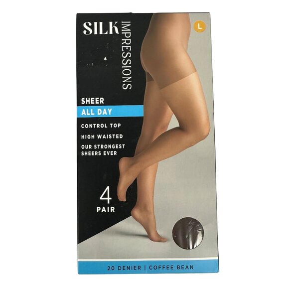 Silk Impressions Sheer All Day Control Top Pantyhose L 20 Denier Coffee 4-Pack - Picture 1 of 11